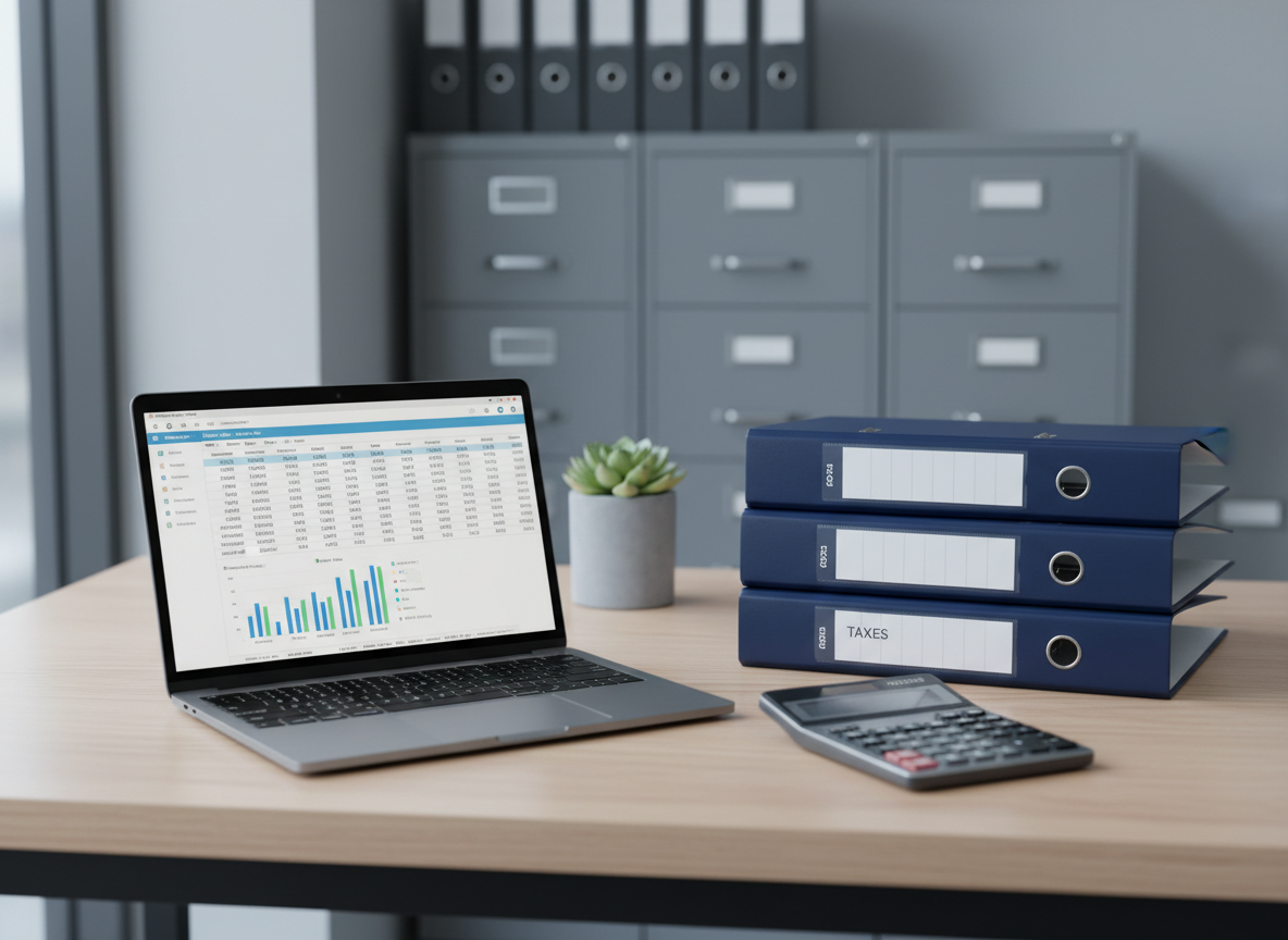 A meticulously organized modern bookkeeping workspace featuring a sleek silver laptop open to a clean spreadsheet dashboard with clear charts and tidy columns of numbers. Beside it, a neatly stacked set of navy-blue binders with labeled spines and a brushed metal calculator rest on a pale ash-wood desk. In the background, a blurred hint of locked file cabinets and a small potted plant suggest order and stability. Soft daylight from a large unseen window washes the scene in cool, even light, creating gentle shadows and subtle reflections on the laptop’s metallic surface. Photographic realism, shot at eye level with a shallow depth of field, conveys a calm, professional atmosphere focused on accuracy, clarity, and financial control.