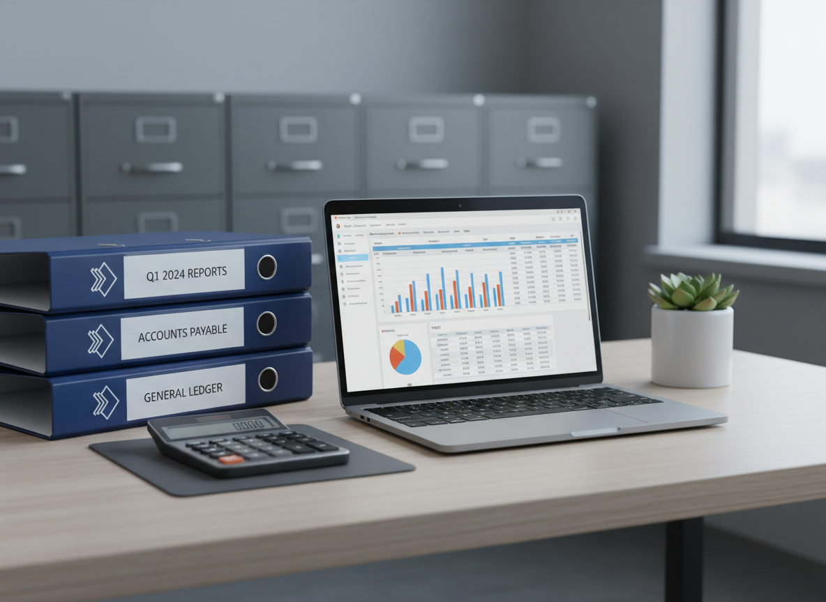 A meticulously organized modern bookkeeping workspace featuring a sleek silver laptop open to a clean spreadsheet dashboard with clear charts and tidy columns of numbers. Beside it, a neatly stacked set of navy-blue binders with labeled spines and a brushed metal calculator rest on a pale ash-wood desk. In the background, a blurred hint of locked file cabinets and a small potted plant suggest order and stability. Soft daylight from a large unseen window washes the scene in cool, even light, creating gentle shadows and subtle reflections on the laptop’s metallic surface. Photographic realism, shot at eye level with a shallow depth of field, conveys a calm, professional atmosphere focused on accuracy, clarity, and financial control.