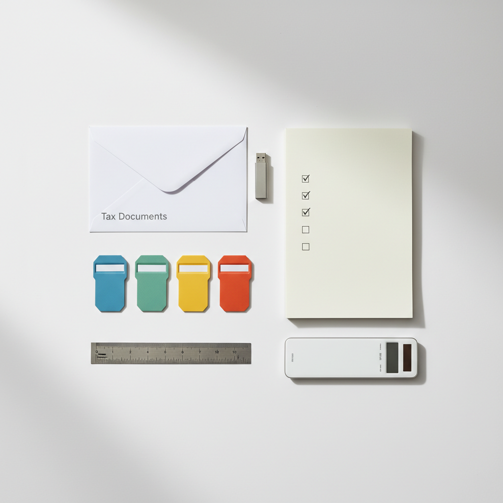 An overhead photographic composition of a year-end tax preparation layout on a matte white table, featuring a precisely aligned grid of elements: a clean, unopened envelope labeled “Tax Documents,” a thin silver USB drive, color-coded file tabs laid out in a straight line, and a minimalist notepad with a simple checklist, each box neatly ticked. A subtle silver desk ruler and a slimline calculator complete the arrangement, all spaced with careful symmetry. Soft overcast light from above minimizes harsh shadows, creating a serene, methodical atmosphere. The crisp lines, neutral palette, and exacting order communicate stress-free tax season readiness and meticulous record-keeping for small businesses.