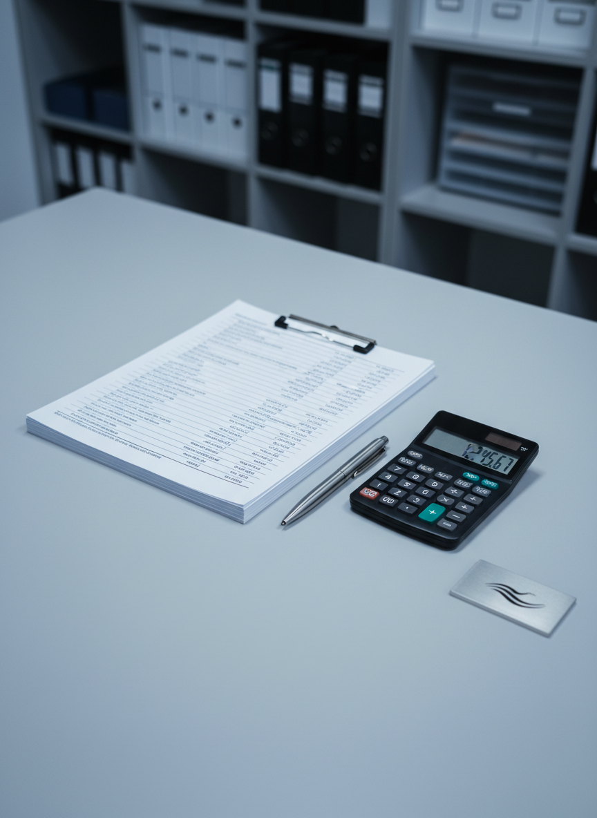 A close-up, photographic view of a tidy tax planning setup on a light gray desktop, featuring a neatly clipped stack of printed financial statements with crisp corners, a stainless steel pen aligned perfectly parallel, and a slim digital tax calculator displaying a clear, balanced total. To the side, a minimalist silver logo plaque subtly references a coastal theme with wave-like lines. Cool, diffused office lighting creates a clean, shadow-softened environment, with a slightly blurred background hinting at organized shelves and labeled storage boxes. Captured from a slightly elevated angle using a shallow depth of field, the composition feels precise, calm, and ultra-organized, embodying the promise of clean books, lower taxes, and better profitability.