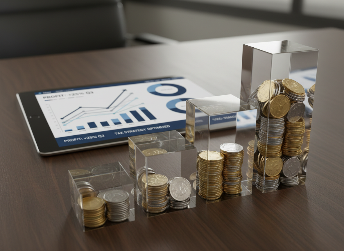 A polished desktop scene symbolizing business profitability, with three transparent acrylic blocks forming a rising bar graph, each filled with neatly stacked metallic coins that catch the light. Behind them, a slim tablet lies flat, displaying a photographic, high-contrast financial dashboard with upward-trending lines and tidy pie charts in cool blue and silver tones. The surface is a smooth, dark wood that adds warmth without clutter. Soft, directional studio lighting from the right creates crisp but gentle shadows, emphasizing the graph’s increasing height. Shot from a low, side angle with the bars placed along the rule of thirds, the mood is confident, analytical, and forward-looking, representing increased profit from precise bookkeeping and strategic tax planning.