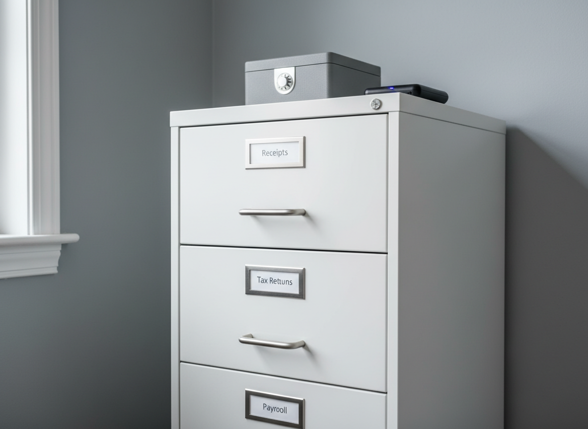 A serene, photographic office corner dedicated to secure bookkeeping records, featuring a tall, matte white locking filing cabinet with brushed steel handles, each drawer labeled with simple, legible tags such as “Receipts,” “Invoices,” and “Tax Returns.” On top sits a compact, fireproof document box with a small combination dial, next to a discreet external hard drive with a glowing indicator light, symbolizing digital backups. The scene is set against a soft, cool-gray wall, with gentle natural light filtering from the left, creating subtle gradients and faint shadows along the cabinet’s edges. Captured at a slight angle with sharp focus throughout, the composition feels safe, orderly, and trustworthy, emphasizing data security and long-term financial organization.