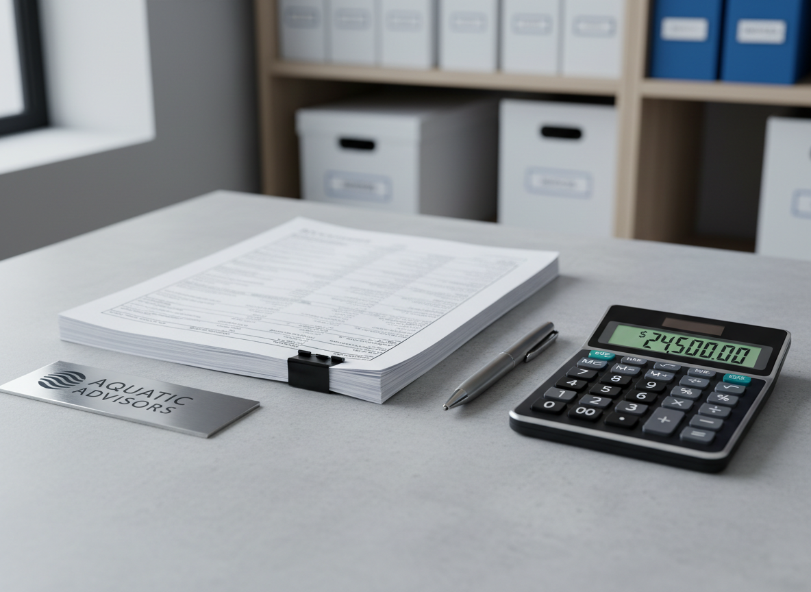 A close-up, photographic view of a tidy tax planning setup on a light gray desktop, featuring a neatly clipped stack of printed financial statements with crisp corners, a stainless steel pen aligned perfectly parallel, and a slim digital tax calculator displaying a clear, balanced total. To the side, a minimalist silver logo plaque subtly references a coastal theme with wave-like lines. Cool, diffused office lighting creates a clean, shadow-softened environment, with a slightly blurred background hinting at organized shelves and labeled storage boxes. Captured from a slightly elevated angle using a shallow depth of field, the composition feels precise, calm, and ultra-organized, embodying the promise of clean books, lower taxes, and better profitability.