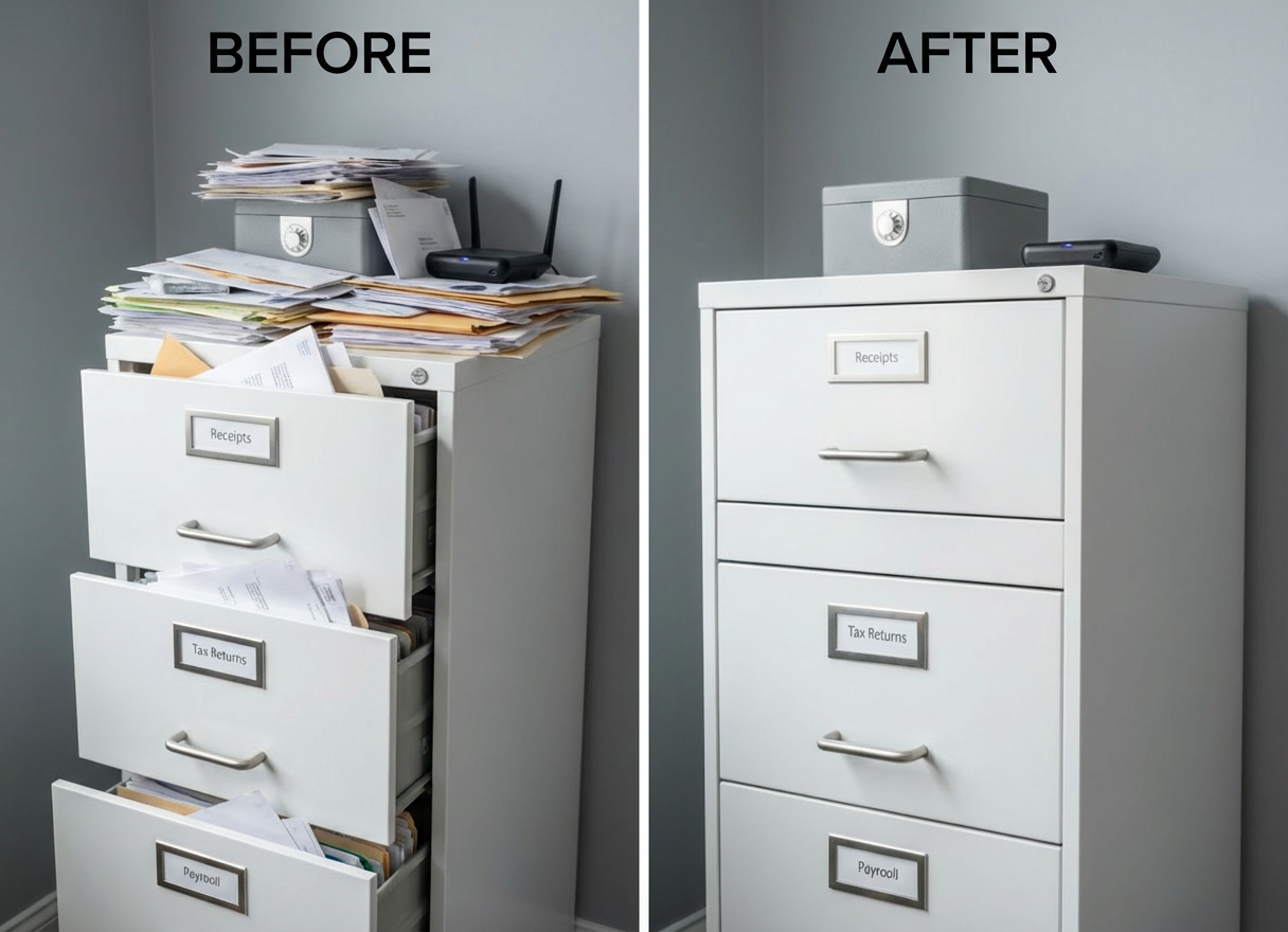 A serene, photographic office corner dedicated to secure bookkeeping records, featuring a tall, matte white locking filing cabinet with brushed steel handles, each drawer labeled with simple, legible tags such as “Receipts,” “Invoices,” and “Tax Returns.” On top sits a compact, fireproof document box with a small combination dial, next to a discreet external hard drive with a glowing indicator light, symbolizing digital backups. The scene is set against a soft, cool-gray wall, with gentle natural light filtering from the left, creating subtle gradients and faint shadows along the cabinet’s edges. Captured at a slight angle with sharp focus throughout, the composition feels safe, orderly, and trustworthy, emphasizing data security and long-term financial organization.